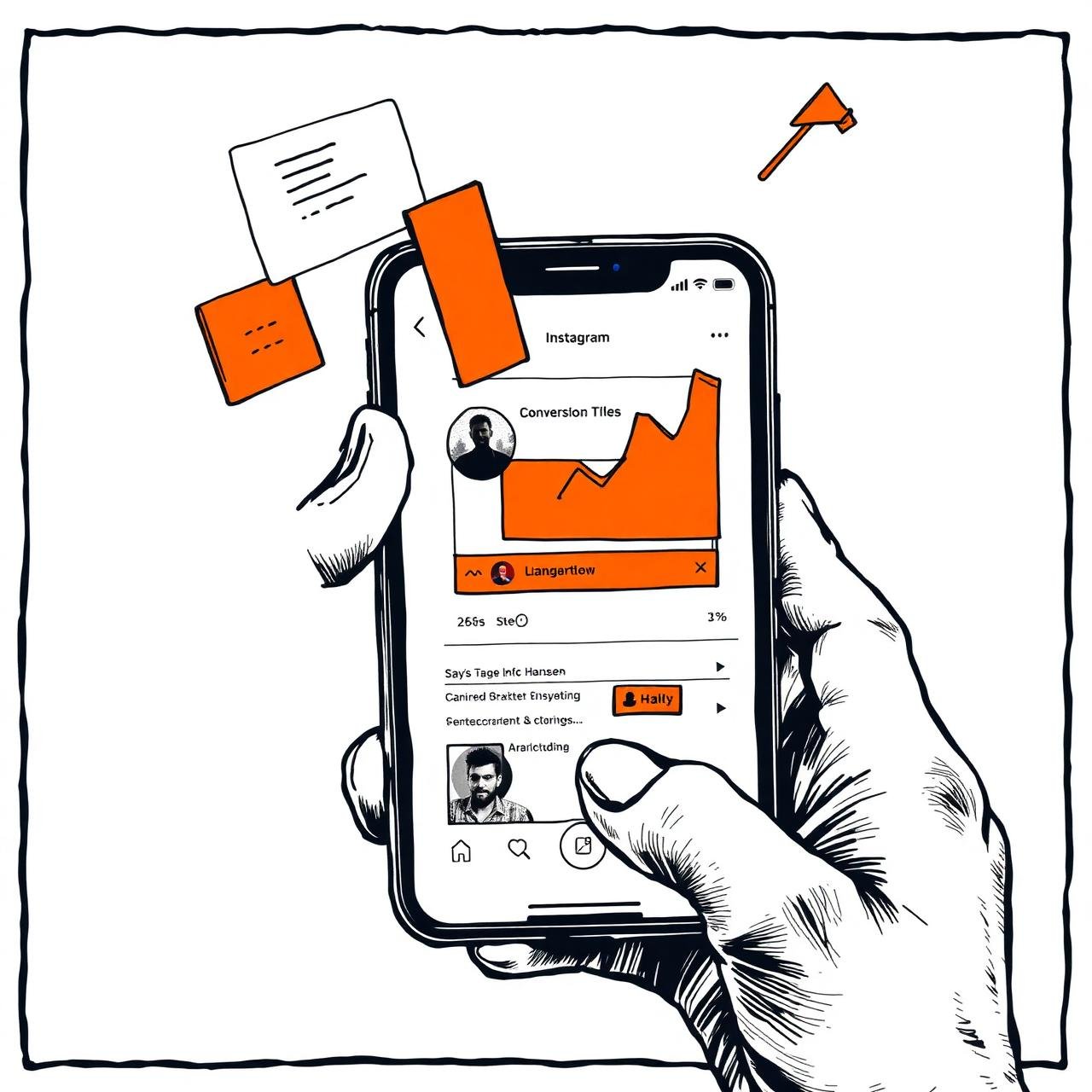 Estrategia de marketing digital de JM en una pantalla móvil con una ilustración de crecimiento